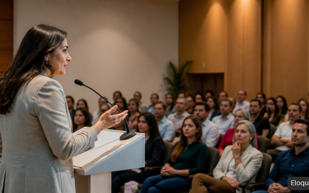 Orador político ante un auditorio durante una intervención pública.