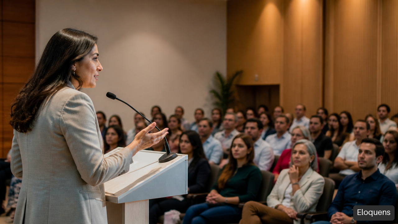 Orador político ante un auditorio durante una intervención pública.