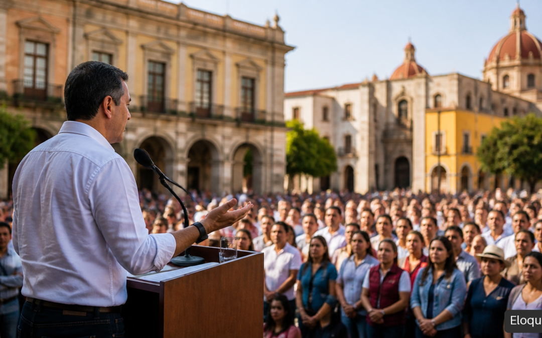 Orador político hablando ante una audiencia diversa en una plaza latinoamericana