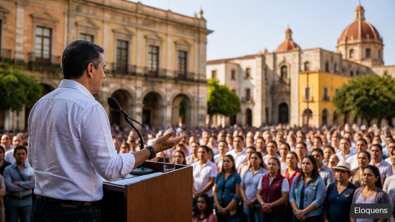 Orador político hablando ante una audiencia diversa en una plaza latinoamericana