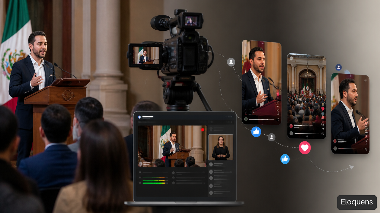 Representación de un discurso político transformado en retransmisión y clips para redes sociales